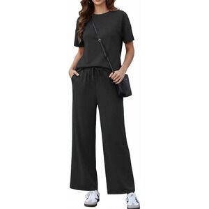 Pinspark Womens Black Lounge Set Wide Leg Pants‎ Short Sleeve Top Medium